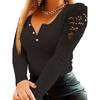 Women Top Slim Fit Button Closure Round Neck Hollow Out Lace Patchwork Long Sleeve Stretchy Solid Color Soft Pullover Lady T-shirt