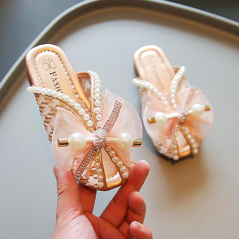 Детские удобные повседневные домашние тапочки в стиле принцессы для девочек, милые домашние уличные тапочки с жемчужной сеткой и бантом, нескользящие домашние тапочки с мягкой подошвой, сандалии