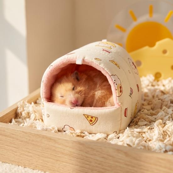 Thickened Quilted Warm Shelter Hamster Bed, Cartoon Print Cozy Hideout, Winter Cave Comfortable Hideaway for Hamsters Small Animal Cage Accessories