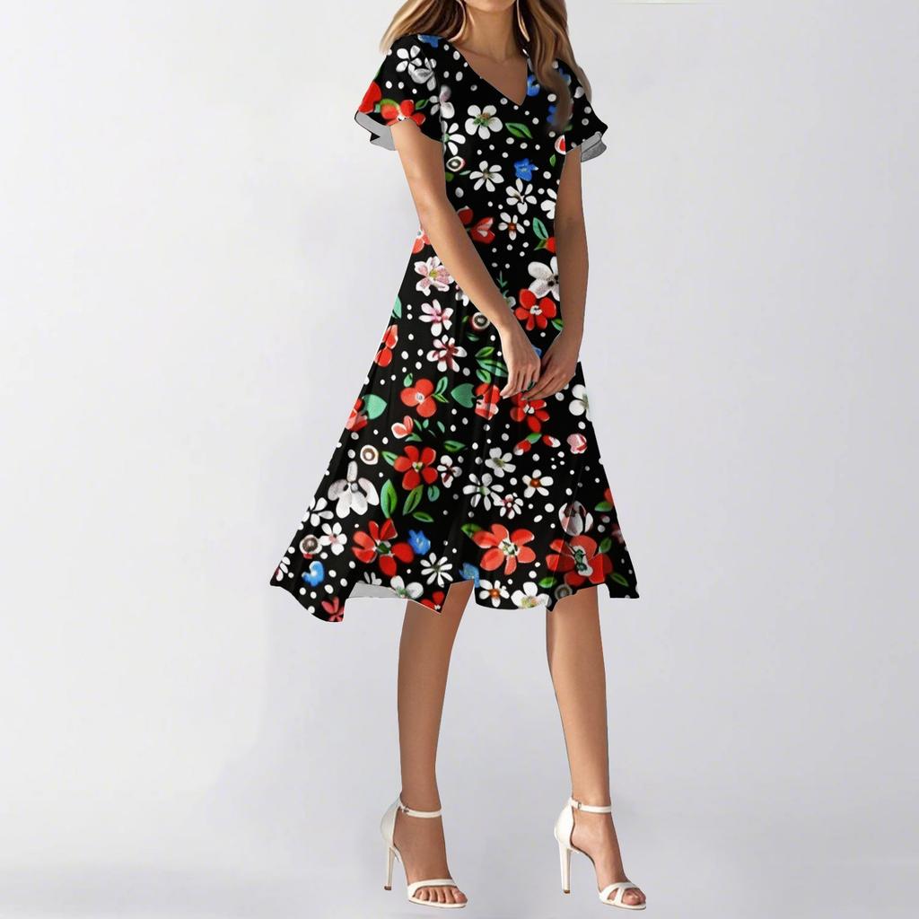 Women's Summer Casual Fashion Flower Print Dress V Neck Short Sleeve Short Skirt