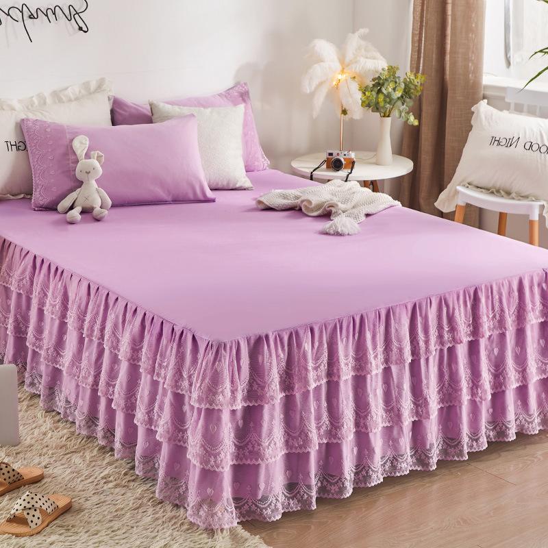1pc Bed Skirt +2pcs Pillowcase King Queen Size Soft Sanding Fabric Bed Skirt Princess Romance Bedspread