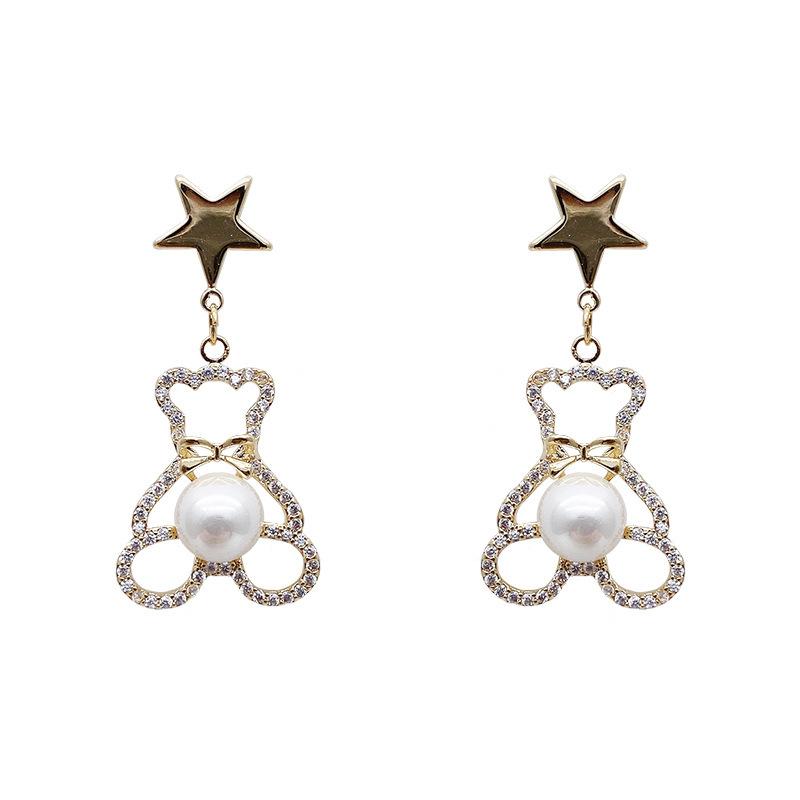 Серьги-подвески с изображением мультяшного медведя и жемчуга. Изысканные и компактные универсальные серьги.