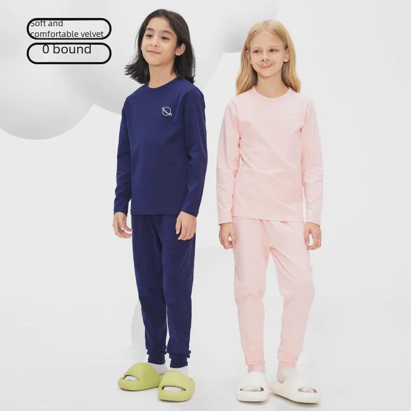 DK 2024 Autumn/Winter Warm Brushed Underwear Sets for Girls and Boys: Mid and Large Children's Pajamas