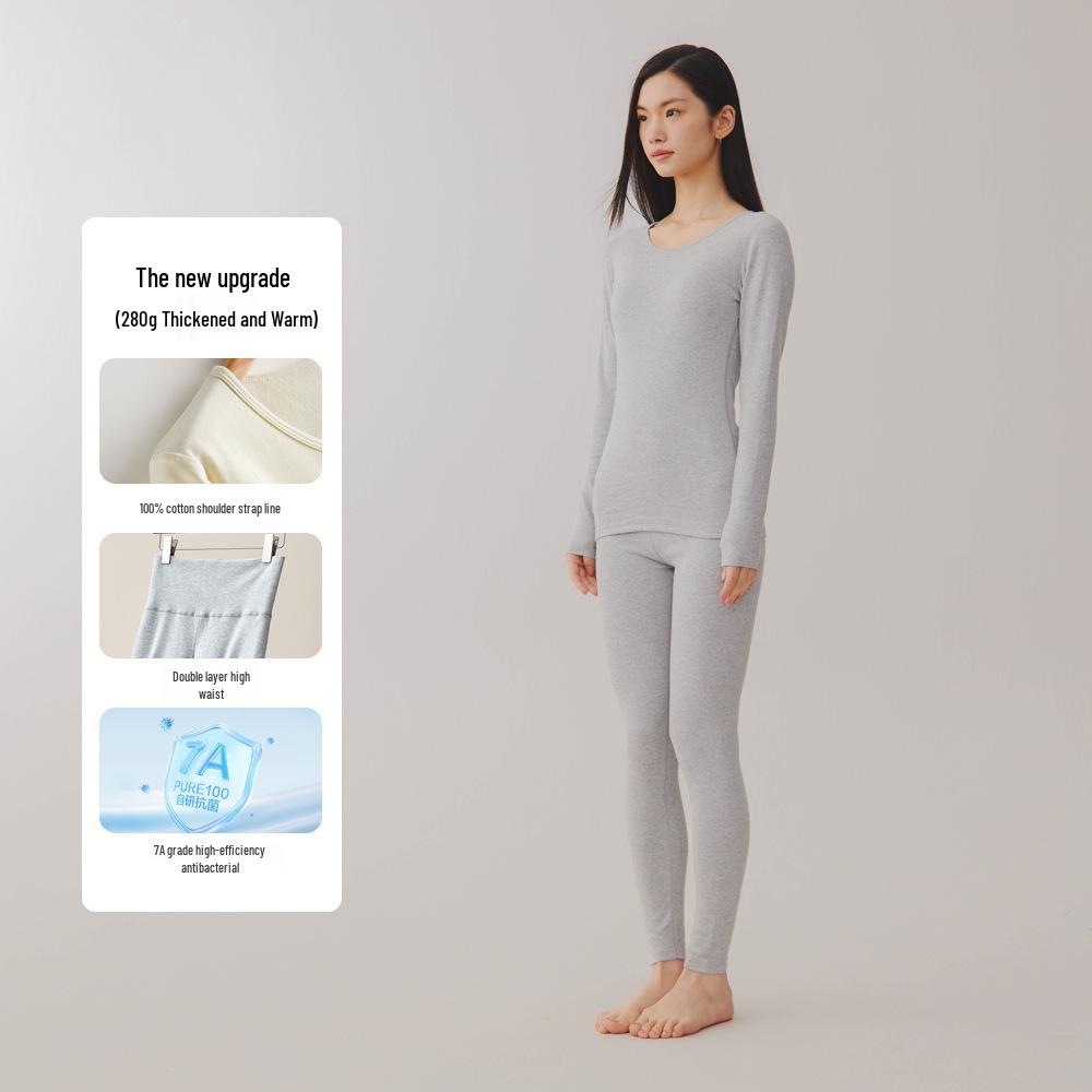 Женский комплект термобелья большого размера из двухсторонней фланели - Чистый хлопок, Толстый базовый слой с круглым вырезом для осени и зимы