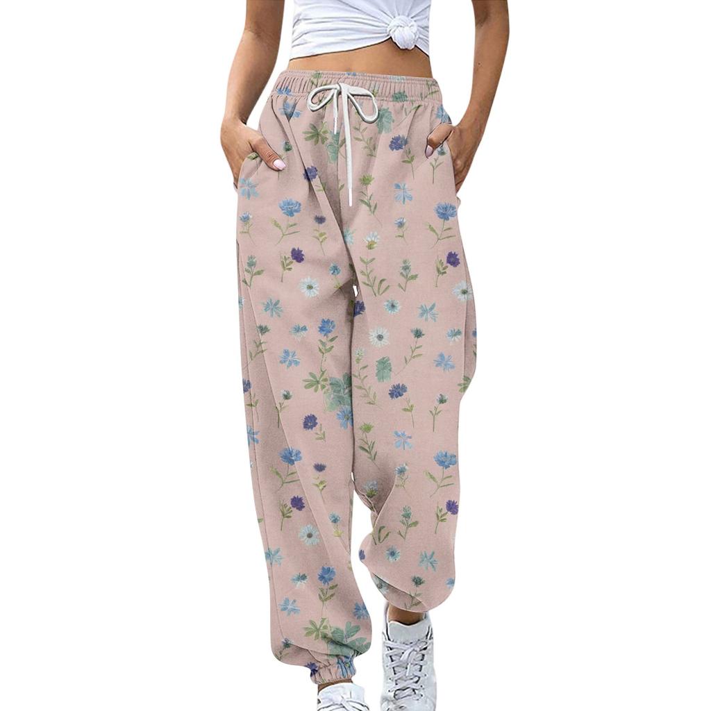 Women's Sports Pants With Pockets Fashion Floral Print Elastic Waist Pants Casual Sweatpants Pants