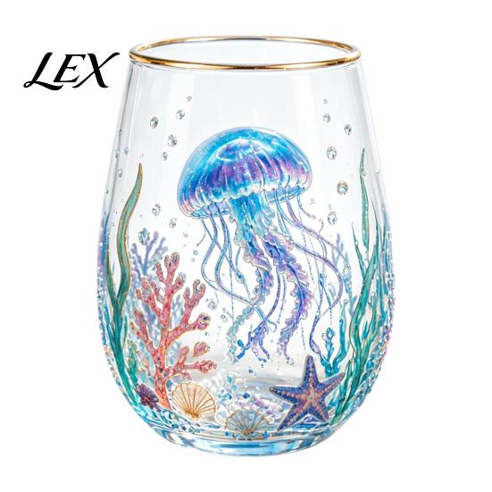 Functional Collectible Glass Cup Ocean-Themed Cup, Jellyfish/Dolphins/Sea Turtles/Octopus Hand-Painted, Thickened Drinking Decorative Ocean Style Gift