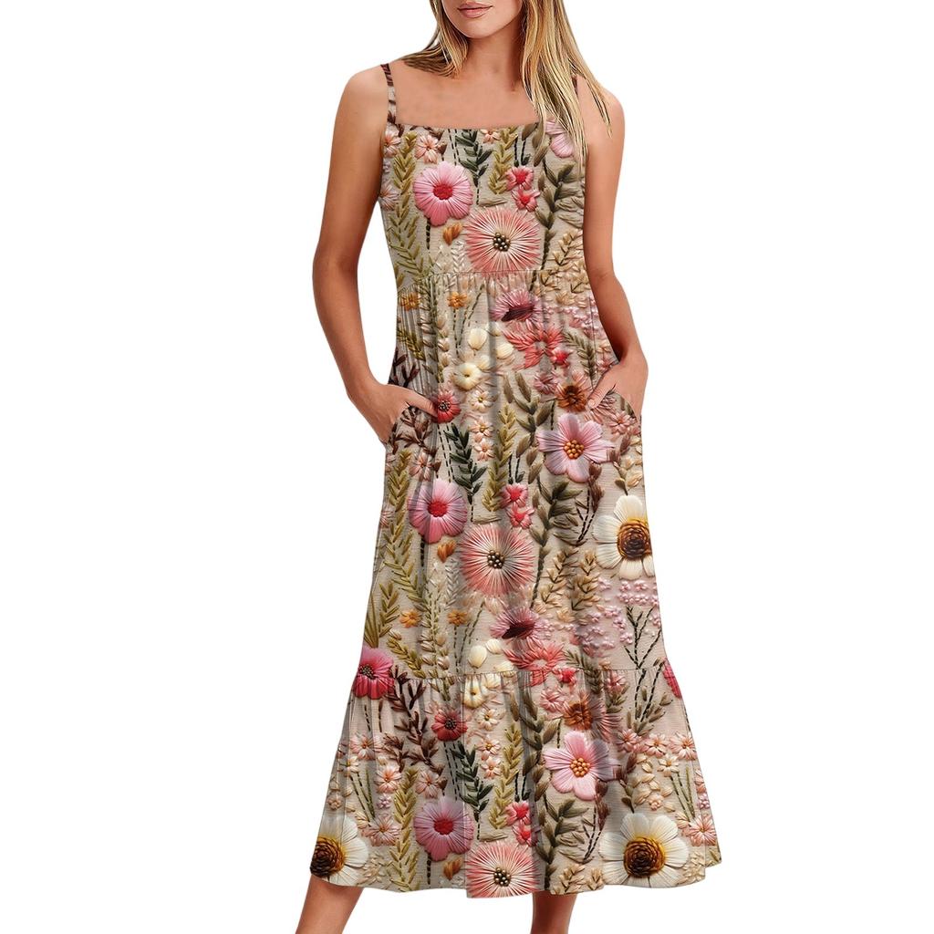 Женское длинное пляжное повседневное элегантное платье макси на тонких бретельках с цветочным принтом, струящееся платье в стиле бохо
