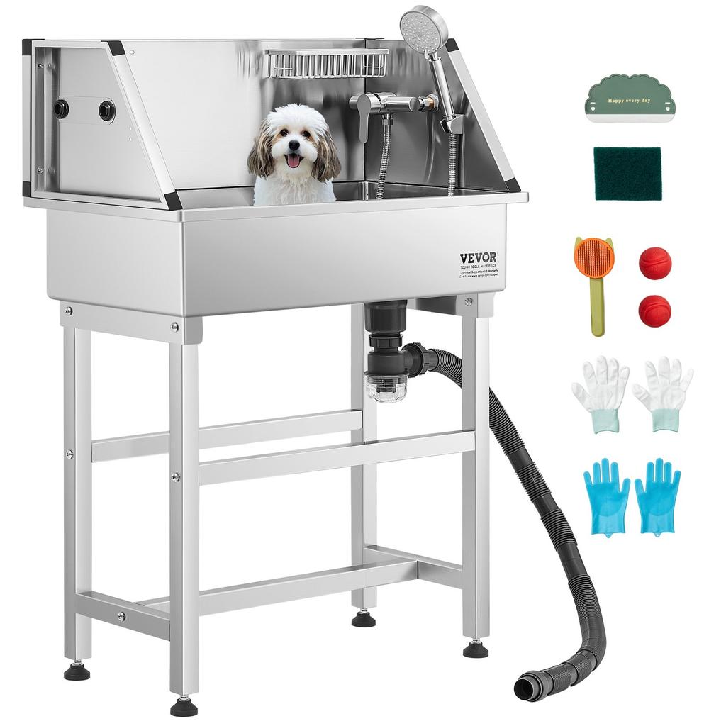 VEVOR 86.4 cm Stainless Steel Dog Washing Station, Pet Grooming Tub with Hot & Cold Faucet, Showerhead, Storage Rack, No-Bend All-in-One Bathtub