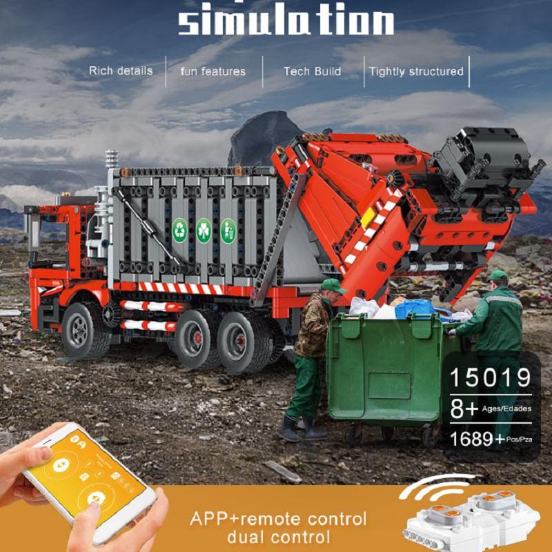 MOULD KING 15019 Технический автомобиль, игрушки для мальчиков, моторизованная модель мусоровоза, строительные блоки MOC-38031, кирпичи, детские рождественские подарки