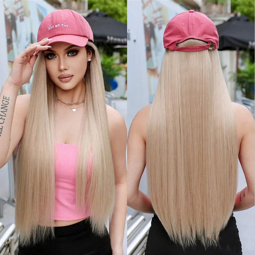 ALAN EATON Long Black Synthetic Wigs with Baseball Hat Removable Silk Straight Wig for Women Smooth Natural Realistic Wig Heat Resistant