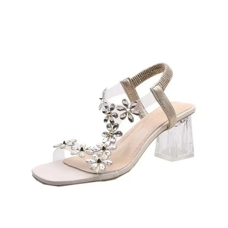 Elastic Band Women's Sandals 2025 Summer Open Toe Rhinestones Flower Transparent Chunky Heels Large Size 43 Sandals