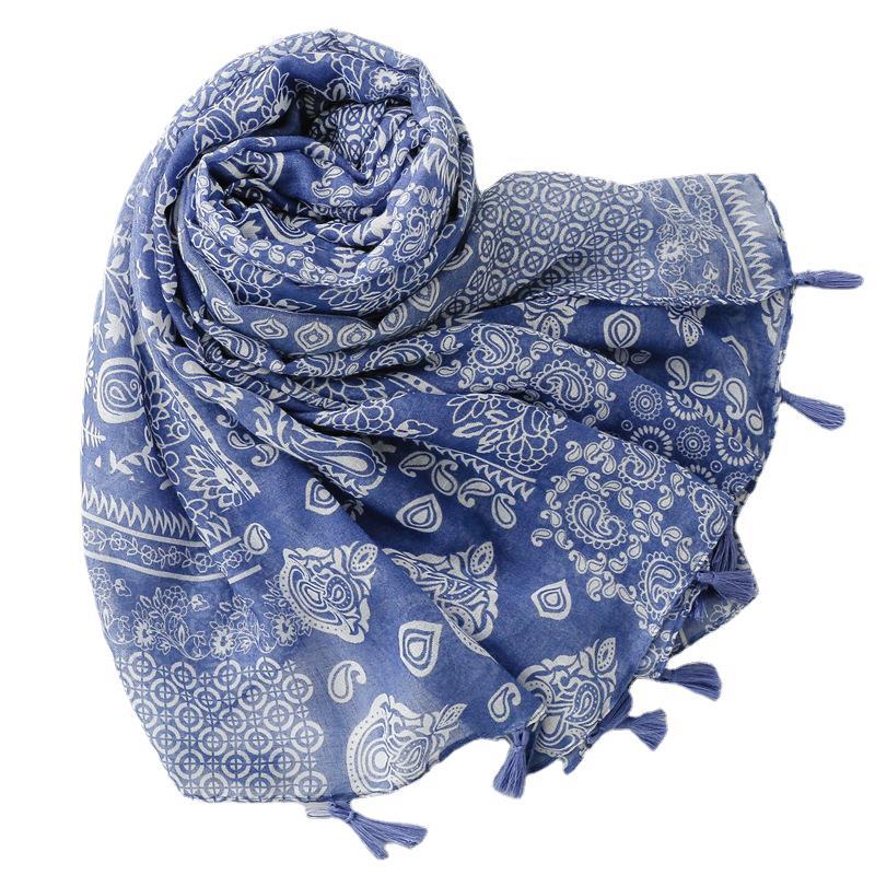 Шарф из хлопка и конопли Four Seasons, винтажный этнический стиль, сине-белый фарфоровый шелковый шарф с кисточками и мелкими цветами
