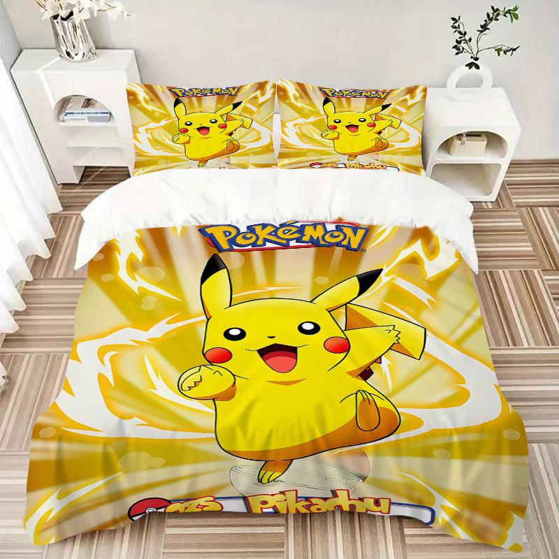 3pcs bedding set Pikachu Electric Includes 1 Comforter + 2 Pillowcases, Without Pillow Inserts, Soft Comfortable, Lightweight Breathable, Pr