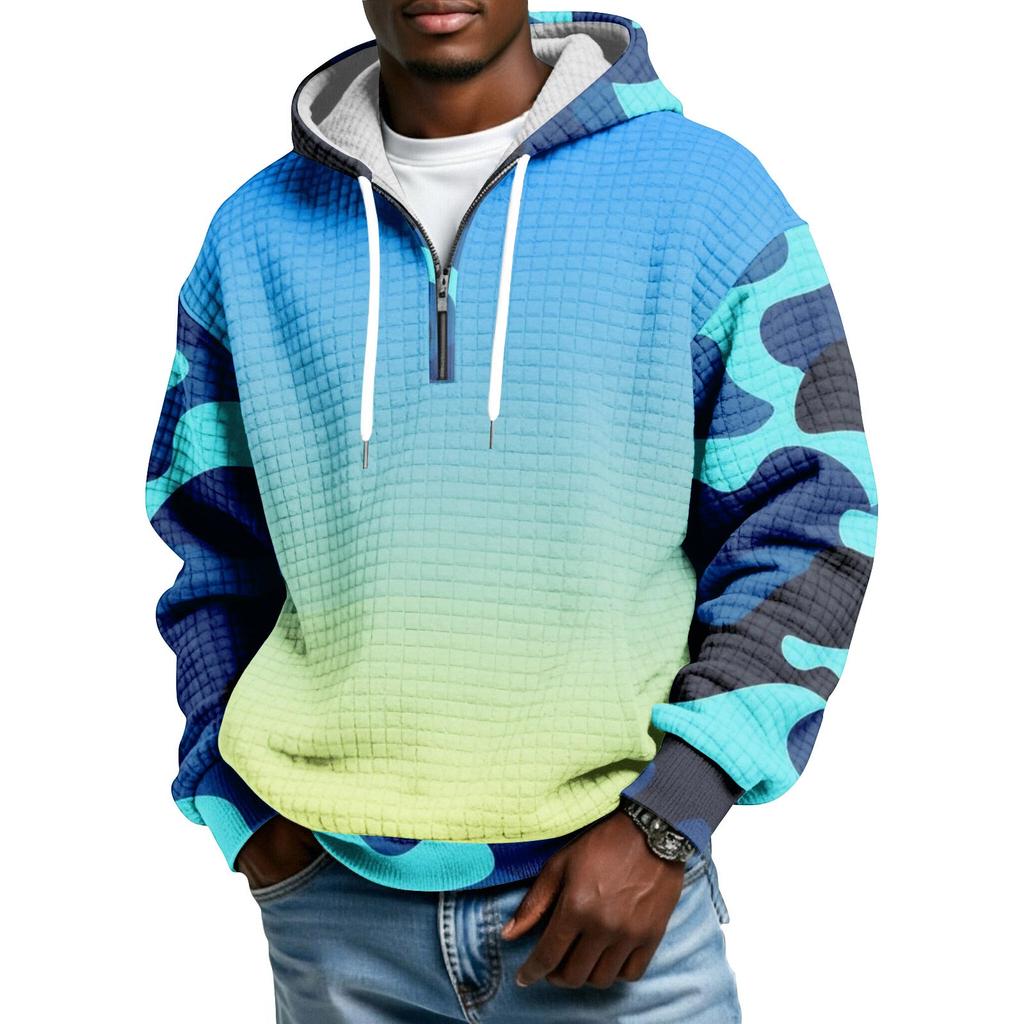Мужской худи-пуловер в клетку с капюшоном на молнии до середины, со шнурком и принтом, повседневная спортивная толстовка