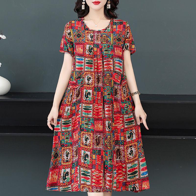 Женское летнее модное свободное хлопковое шелковое платье большого размера с короткими рукавами и цветочным принтом, темпераментные платья трапециевидной формы