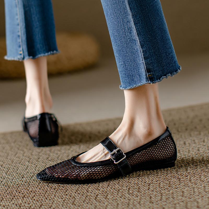 Мода Размер 33-40 2024 Повседневная Мода Женские Туфли на Плоском Каблуке Летние Офисные Вырезы Сетка Пряжка Женские Туфли Мэри Джейн из Натуральной Кожи Женские