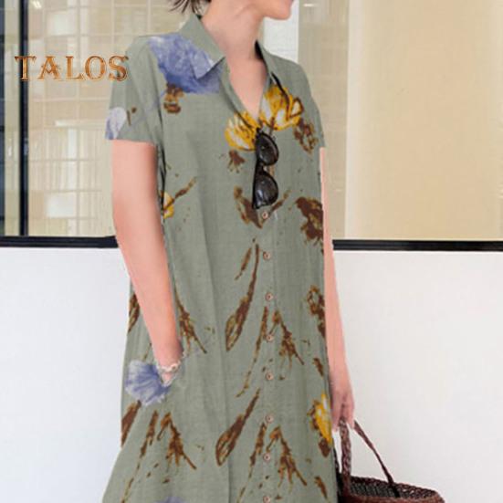 Женское летнее платье трапециевидной формы с лацканами, свободная рубашка с цветочным принтом, с короткими рукавами на пуговицах и боковыми карманами, длинное платье до щиколотки