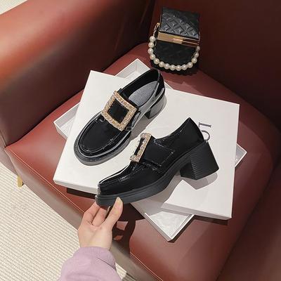 Rvsm туфли с квадратной пряжкой, на высоком каблуке, на толстой подошве, женские, осенние, с мелким вырезом, со стразами, новые, на толстом каблуке, увеличивающие рост, британские маленькие кожаные туфли