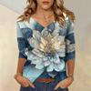 Женские топы, рубашка с рукавом три четверти, свободная повседневная рубашка с V-образным вырезом, футболка с цветочным принтом