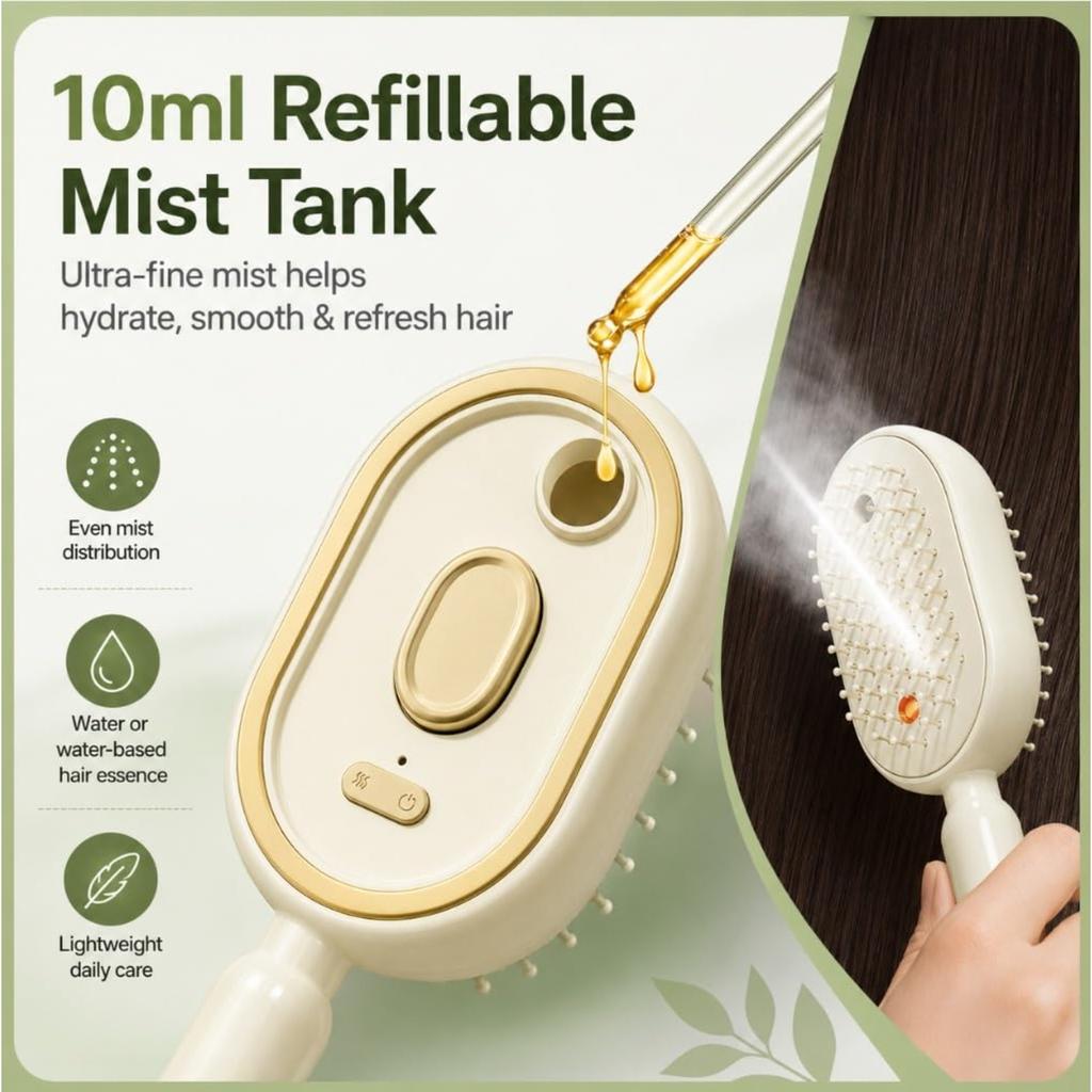 Electric Spray Massage Comb, 3-in-1 Misting Hair Brush with Scalp Massage, Rechargeable Steam Brush with Retractable Bristles, Anti-Static Detanglin