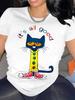 Funny Cartoon Cat Printed Round Neck T-Shirt, Casual Short Sleeve Tee for Spring and Autumn, Women'S Clothing.