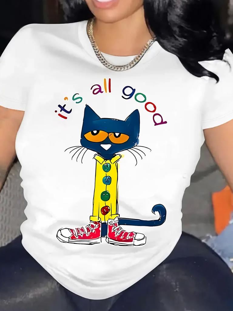 Funny Cartoon Cat Printed Round Neck T-Shirt, Casual Short Sleeve Tee for Spring and Autumn, Women'S Clothing.