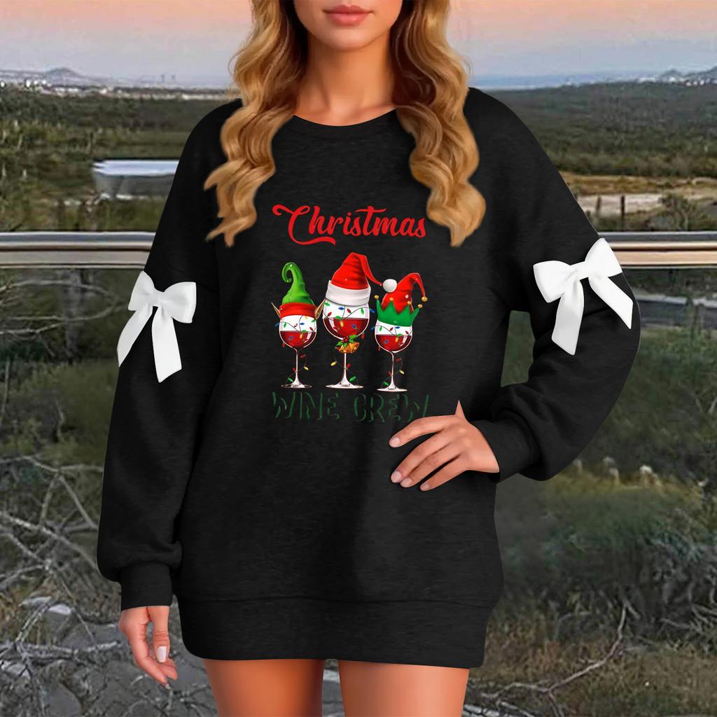 Ladies' Christmas Printed Bow Round Neck Long Sleeved Loose Pullover Sweater Sweatshirt Top