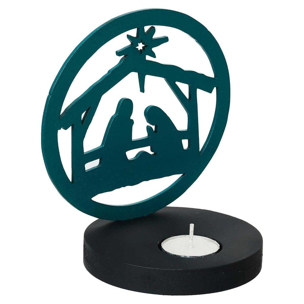 Nativity Scene Holy Family Jesus Birth Decorative Showpiece Tea Light Candle Holder (Wooden Green)| Christmas Decoration Item for Home Office