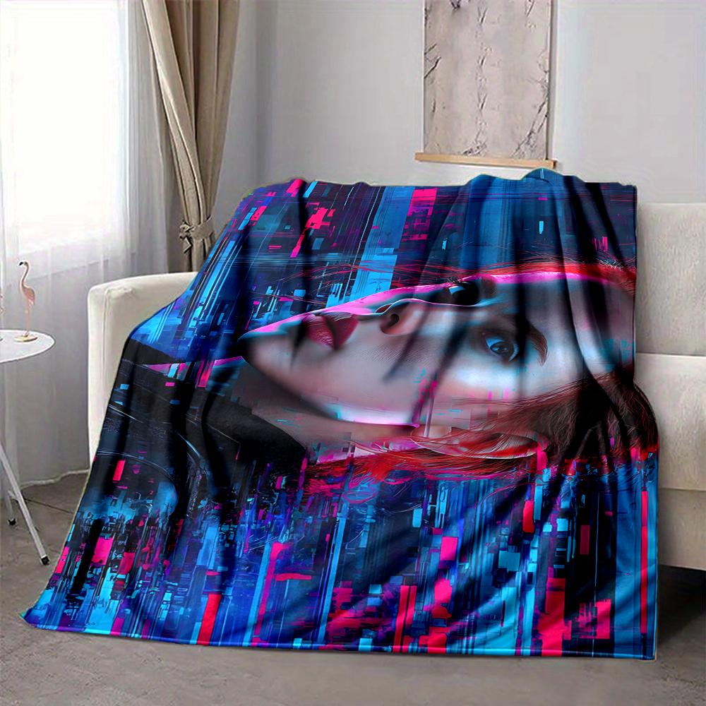 1Pc Cyberpunk Neon Portrait Flannel Blanket, Soft And Comfortable, Casual Warm, Camping Travel, Christmas, Halloween Xmas Gift S1526