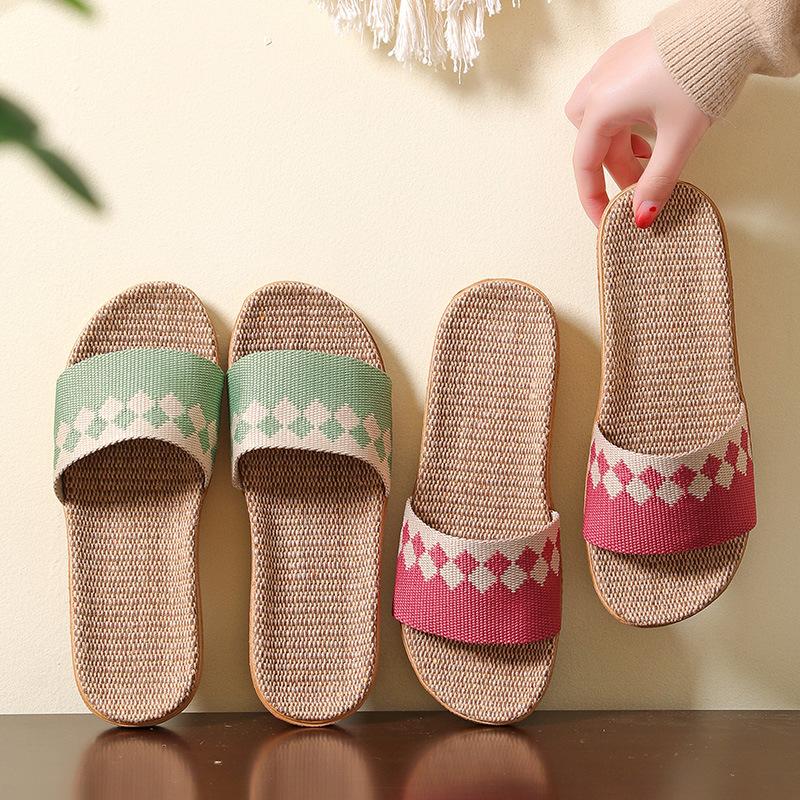 Fashion Women Men Block Linen Indoor and Outdoor Home Wooden Floor Tiles Slip Summer Four Seasons Linen Open Toe Straw Straw Slippers