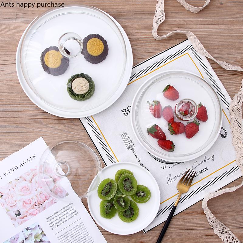 Ceramic Cake Pan Glass Cover Round Decorative Plate with Transparent Cover Display Stand Tray Cake Stand Snack Dessert Plate