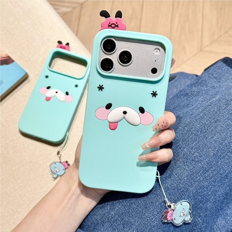 Cute 3D Cartoon Macaron Blue Phone Case with Pendant for iPhone 12 13 14 15 16 17 Pro Max Plus Soft Protective Cover