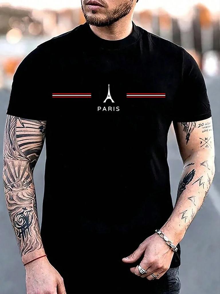 Summer 100% Cotton Men's Loose Size Comfortable Paris Letter Print Slim Casual Sports Round Neck Short Sleeve T-shirt Top