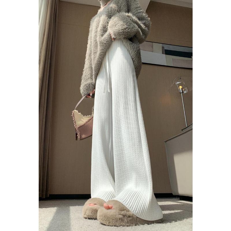 Модные осенне-зимние женские трикотажные брюки с широкими штанинами, новые свободные длинные брюки на шнурке с высокой талией, повседневные однотонные плиссированные брюки 2379