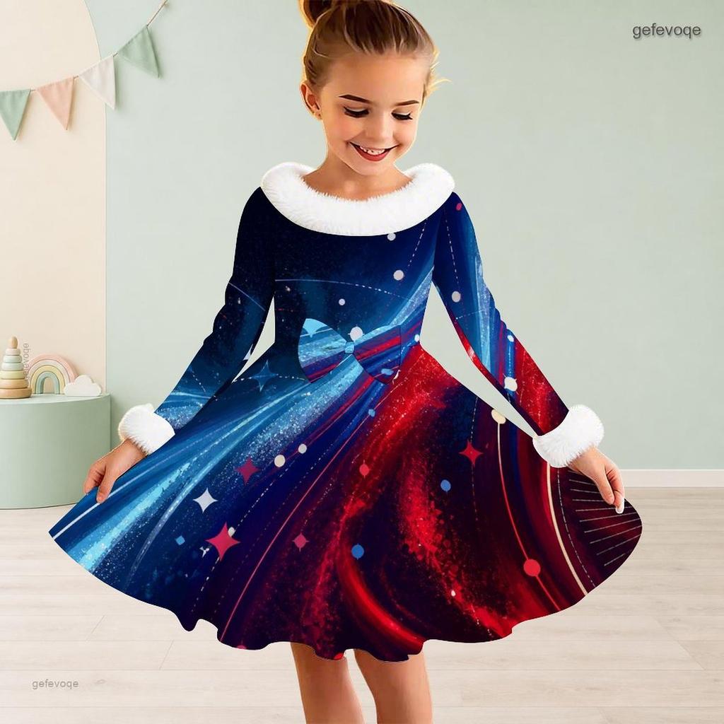 Girls High Neck Long Sleeve Printed A Line Flared Dress Red Blue White Furry Trim Bow Decor