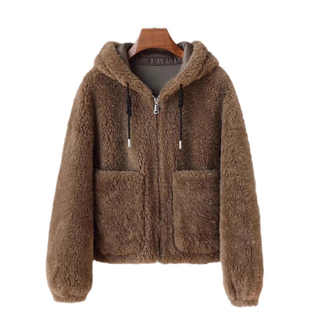 Кашемировое пальто с капюшоном, женское короткое пальто из меха ягненка, полная шерсть