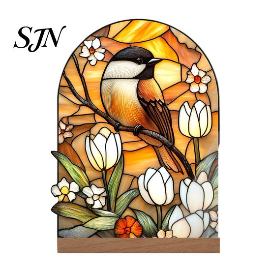 Stable Wooden Base Decoration Stained Glass Style Acrylic Table Centerpieces, Floral & Landscape Pattern Durable Desk Ornament Tabletop Sign with Wood