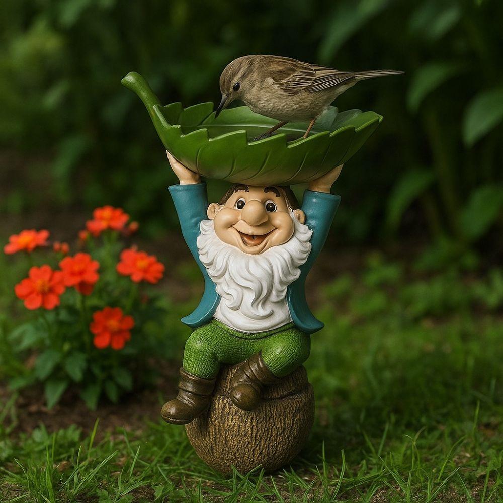 Resin Bird Feeder Holding Leaves Garden Gnome Statue Creative Dwarf Sculpture Patio