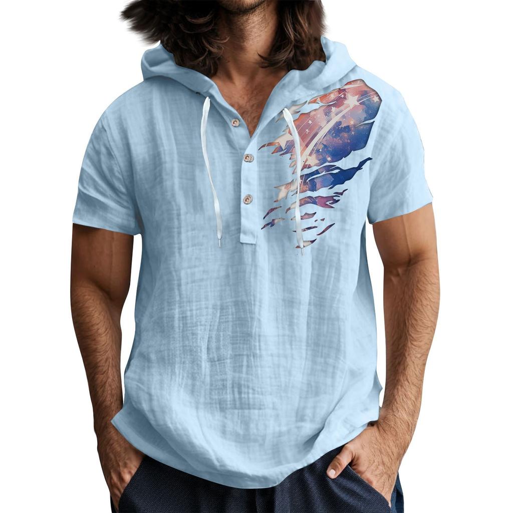 Мужская повседневная футболка с короткими рукавами, капюшоном и открытым воротом на пуговицах