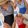 (Qunide) Summer Women'S One-Piece With Chest Pads Without Steel Bra Swimsuit Striped Print Ruffle Edge Bikini Swimsuit