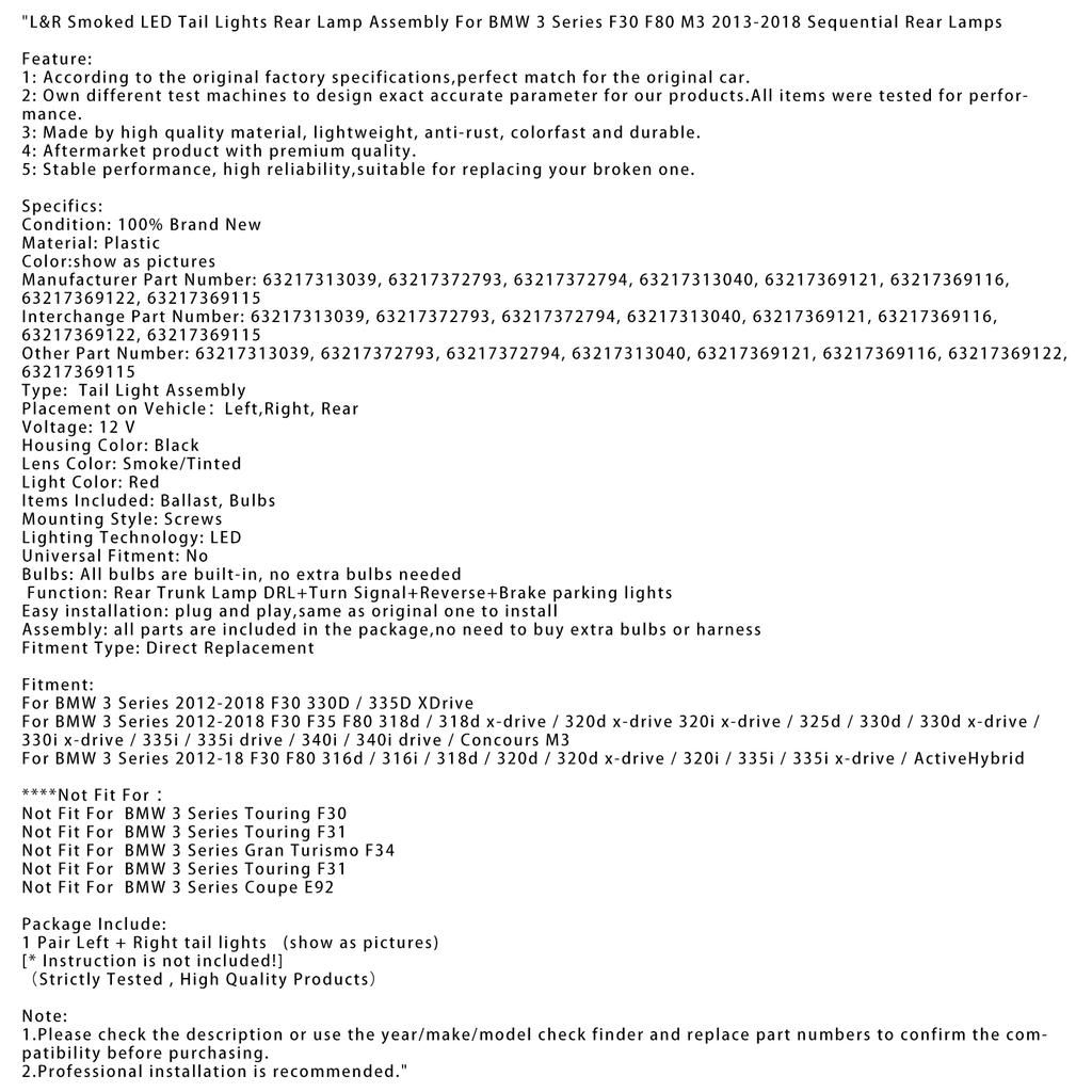 L&R Smoked LED Tail Lights Rear Lamp Assembly For BMW 3 F30 F80 M3 2013-2018