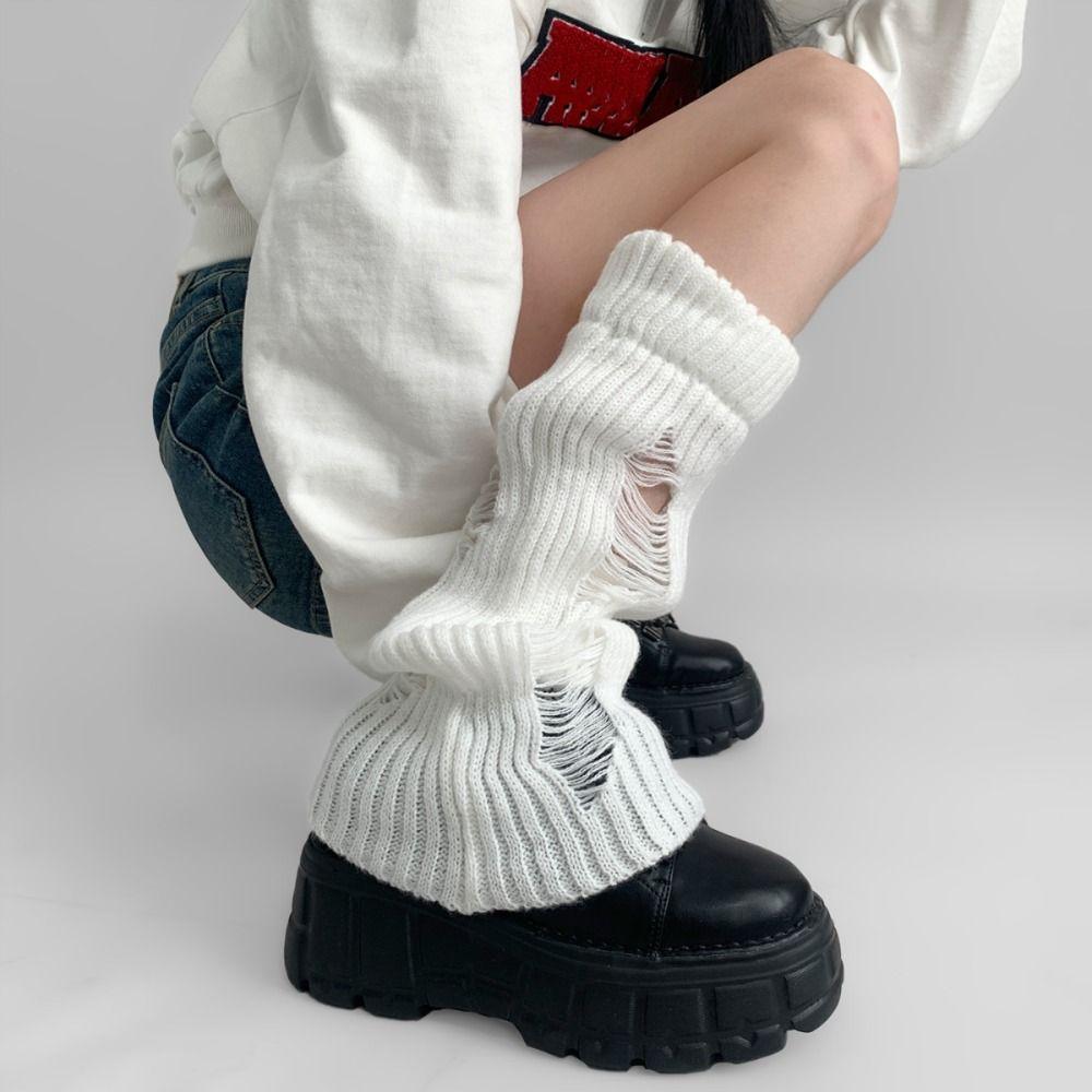 Pile Up Leg Warmers Women Ripped Foot Cover Y2K Preppy Knitted Broken Hole Socks Women