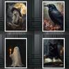 Dark Academy Art Wall Poster Victoria Crow Witch Ghost Black Cat Halloween Background Decoration Gothic Image Printing Holiday Gifts Canvas Painting