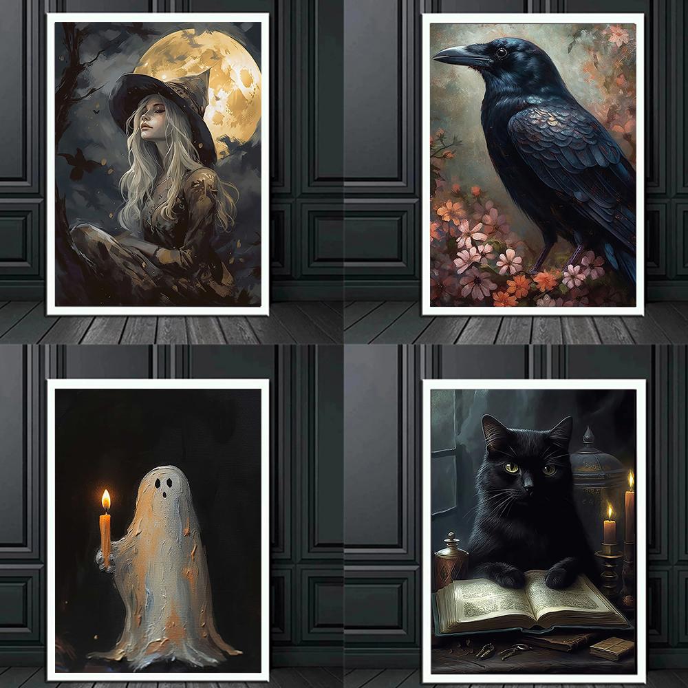 Dark Academy Art Wall Poster Victoria Crow Witch Ghost Halloween Background Decoration Gothic Image Printing Canvas Painting