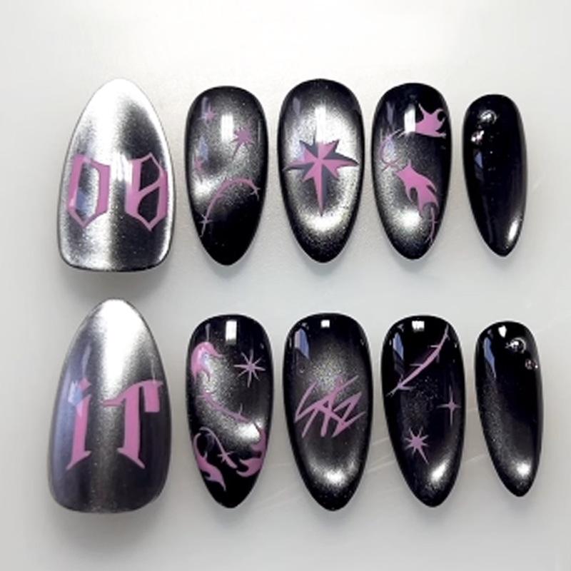 24Pcs Y2K Pink French Press On Nails 3D Metallic Silver Star Butterfly Almond False Nails Sweet Cool Wearable Manicure