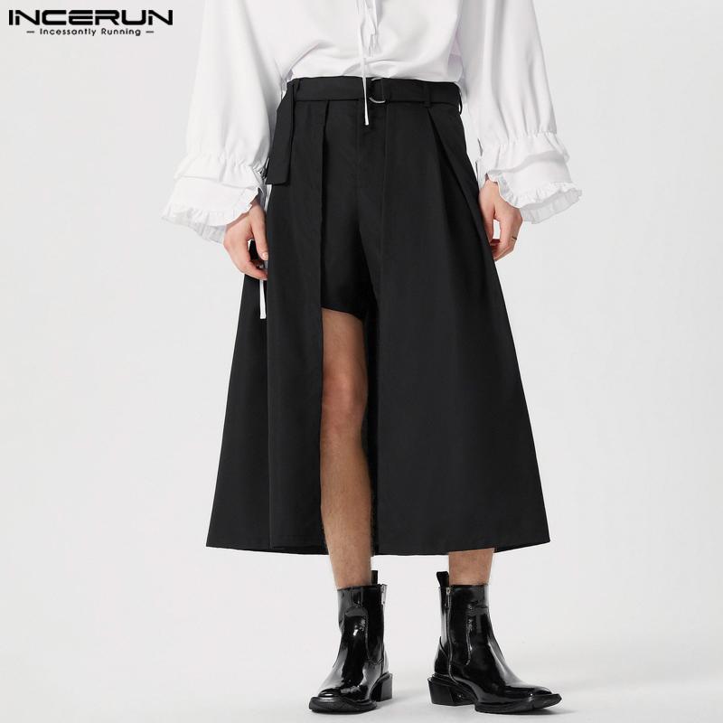 INCERUN Men Solid Color Zipper Up Belted Shorts Skirts Irregular Kilts