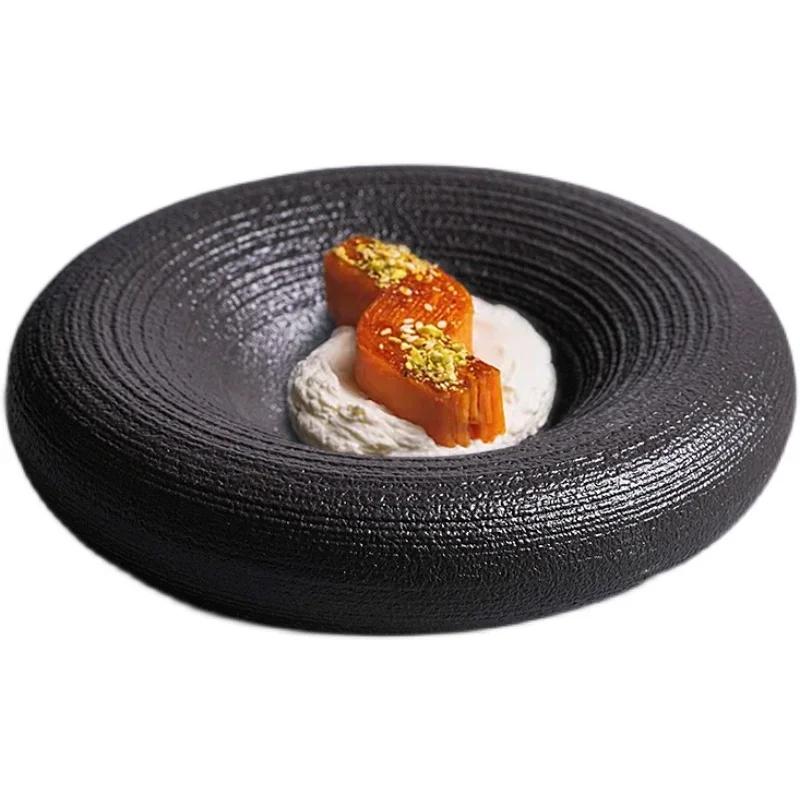 Ресторан Художественная Концепция Керамическая Посуда Креативная Западная Десертная Тарелка Французская Текстура Матовая Двойная Тарелка Круглая Тарелка