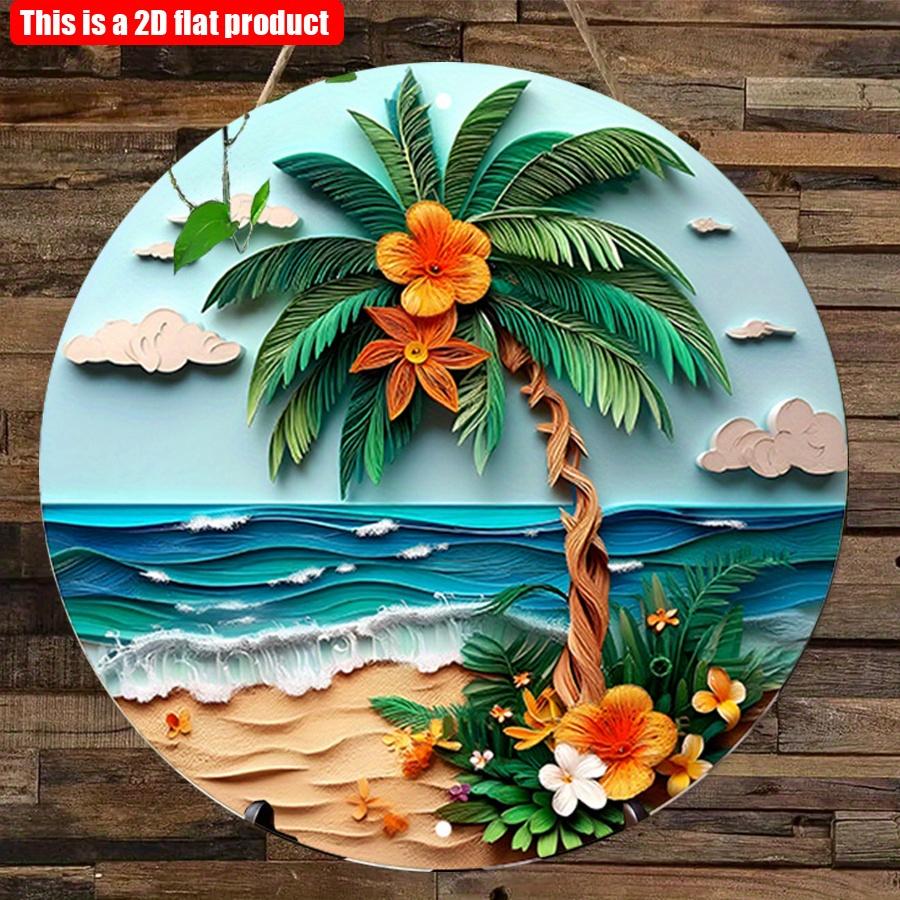 2D Flat 20*20cm1pc Tropical Beach Scenepalm Tree&colorful Flowers&waves Sign Door Signage, Blue Sky Beach Palm Tree Theme Wooden Round Wall Decor