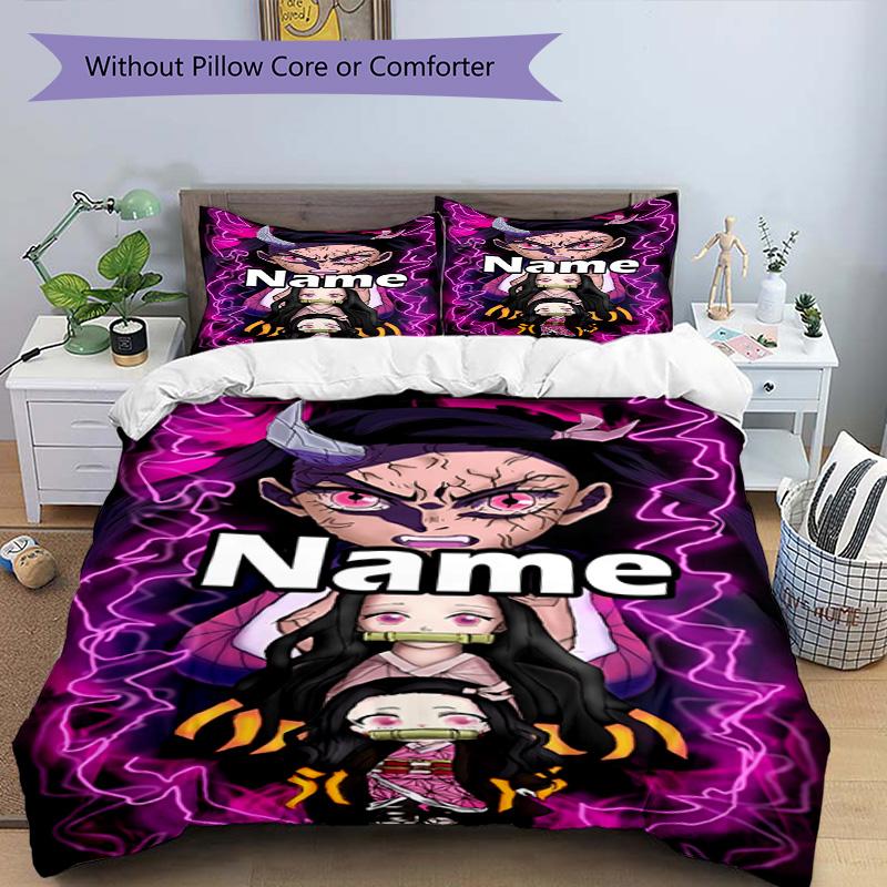 3pcs Duvet Cover Set (1*Duvet Cover + 2*Pillowcase, Without Core), Custom Name Demon Slayer Pattern Bedding Set, Home Bedroom Decor Gift