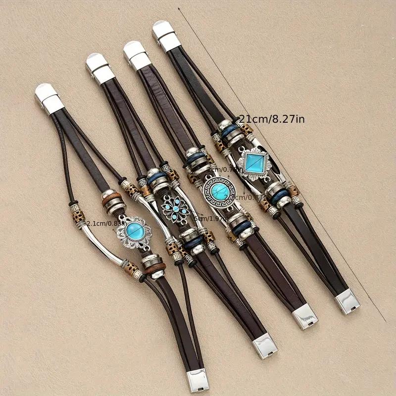 17KM Комплект из 4 мужских браслетов в богемном стиле из бирюзы и искусственной кожи - подойдет для повседневного ношения или в качестве подарка друзьям